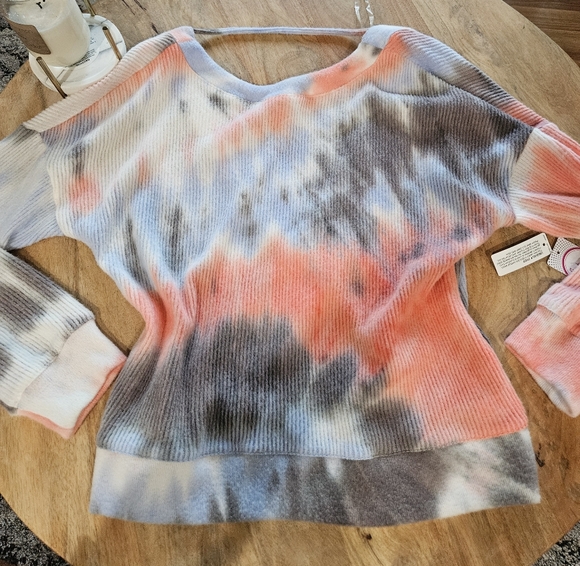 Flirtitude Tie-Dye Crossover Sweatshirt - Blue, Orange, Gray - Picture 4 of 7